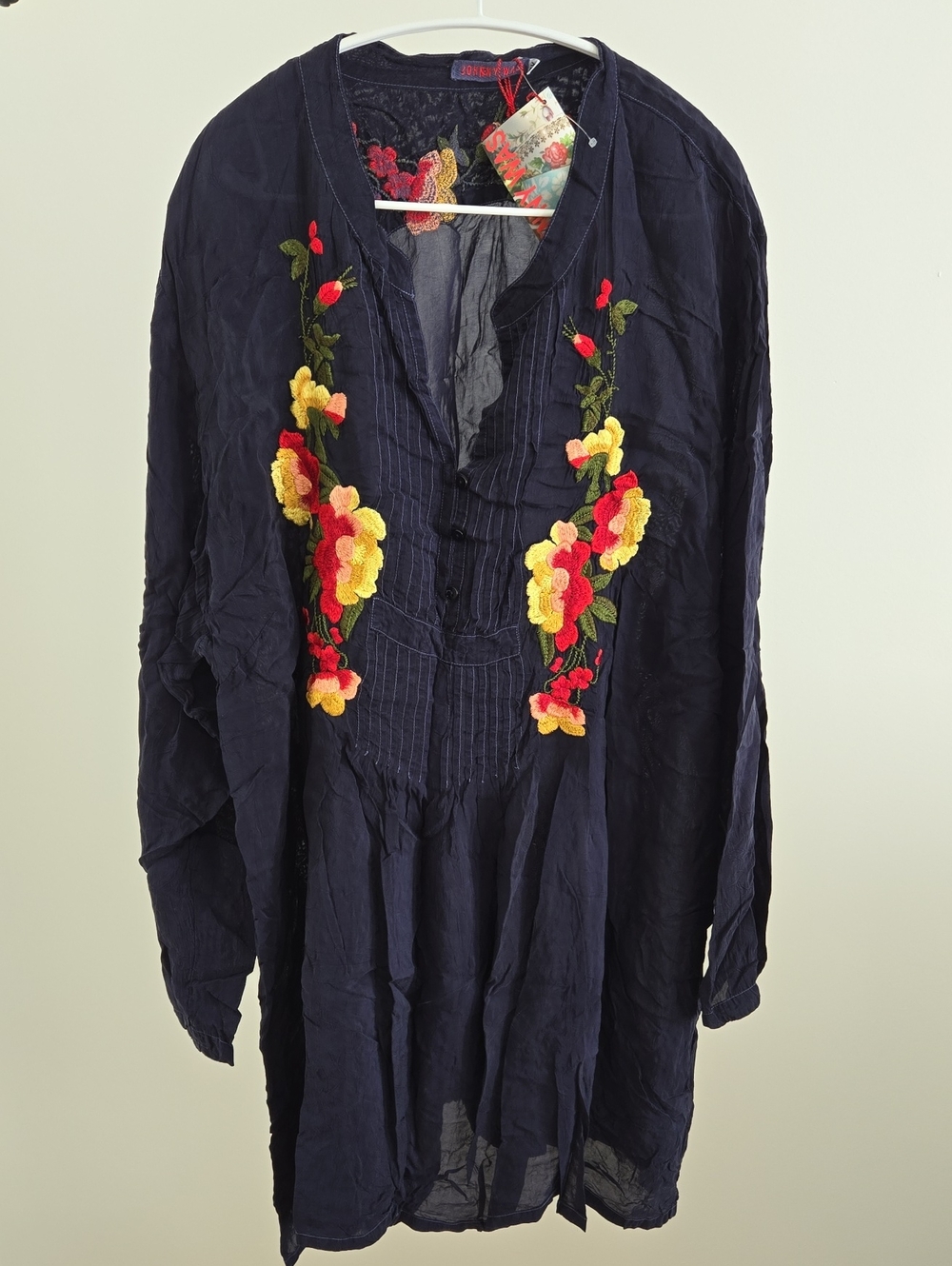 Johnny Was Navy Tunic with Red & Yellow Floral Embroidery